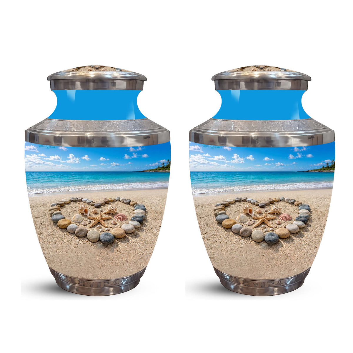 Personalized Blue Ocean Heart Beach Urn - Aluminum Urns For Ashes