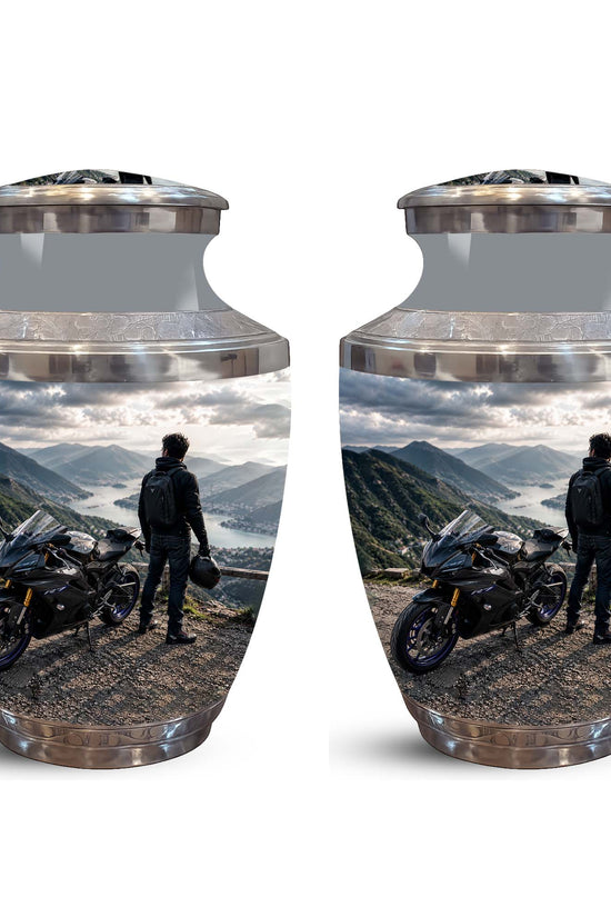 Mountain Motorcycle Rider Cremation Urn - Custom Aluminum Memorial Urn