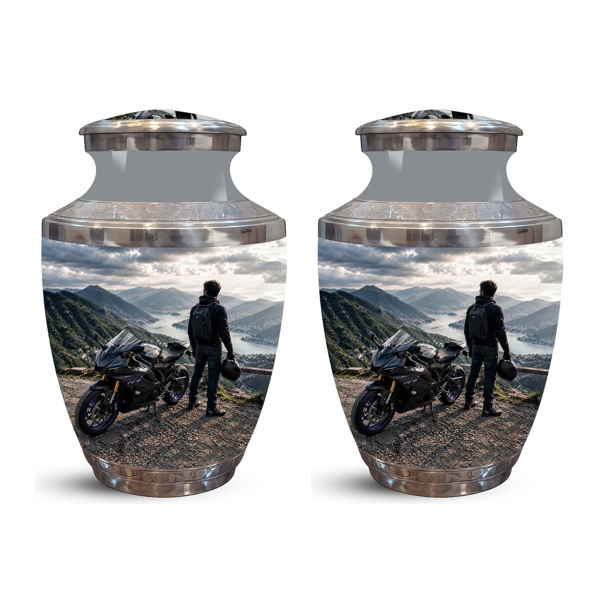 Mountain Motorcycle Rider Cremation Urn - Custom Aluminum Memorial Urn
